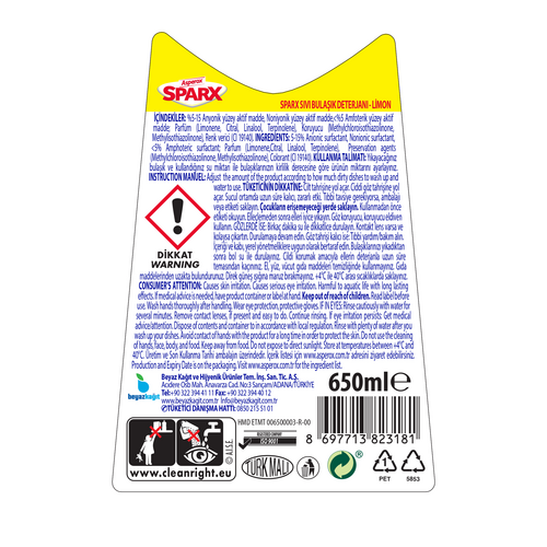 Asperox Sparx 650 ml Sıvı Bulaşık Deterjanı Limon - Asperox ürünü