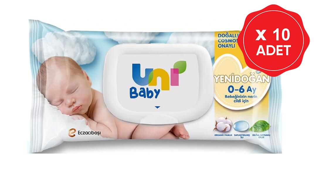 Uni Baby Yenidoğan Islak Pamuk Mendil 40 Yaprak 10 Adet